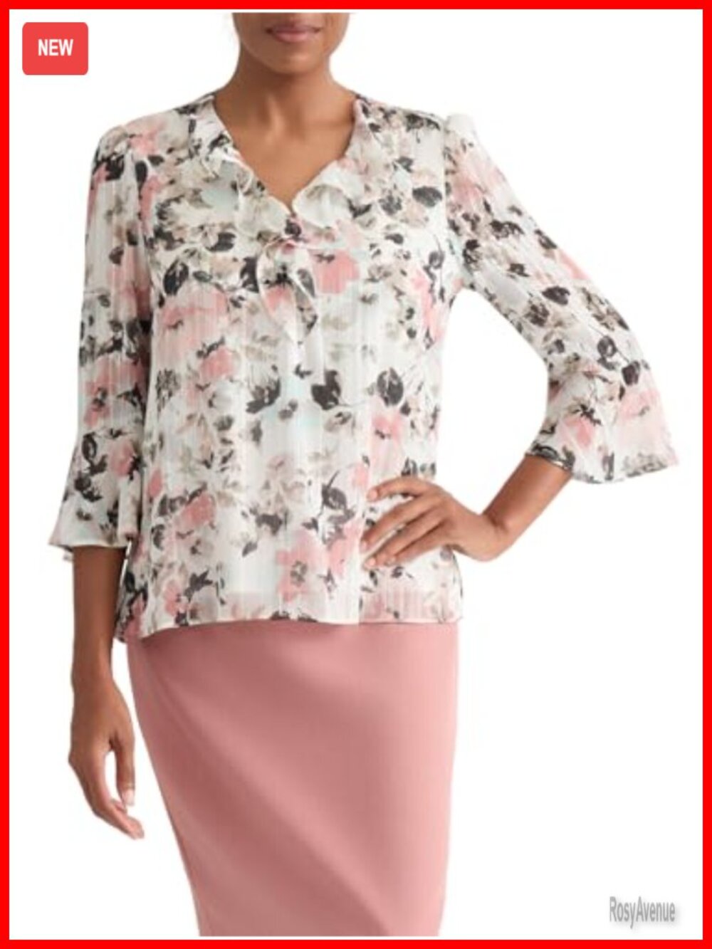 Ruffle Neck Flutter Sleeve Printed Lurex Stripe Blouse - Picture 1 of 3